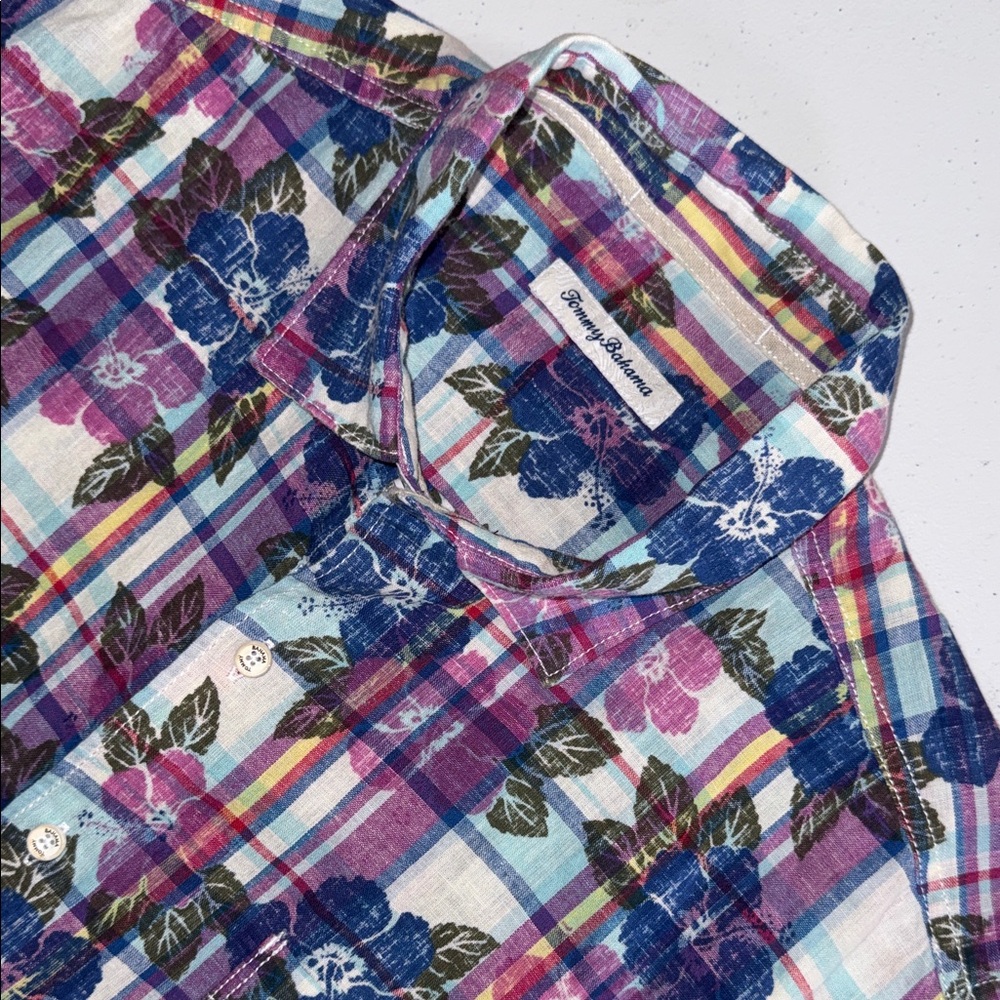 Tommy Bahama Mens Large Hibiscus Floral Plaid Linen/Cotton Blend